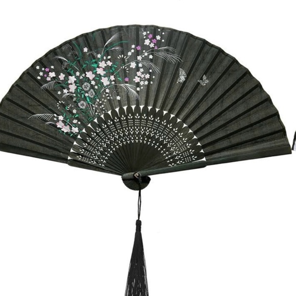 Accessories - Silk and Bamboo Black Floral Hand Fan
